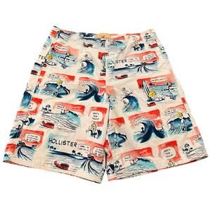 Hollister Co Mens XL White Comic Strip Surfboard Summer Vintage Swim Shorts